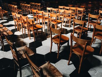 High angle view of chairs and tables at restaurant