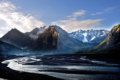 Scenic view of snowcapped mountains against sky