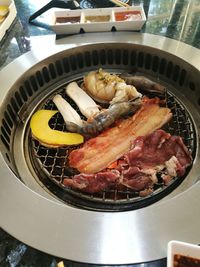 High angle view of meat in plate