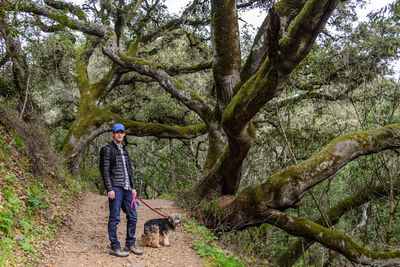 Man walking a dog through a forest in oakland, california