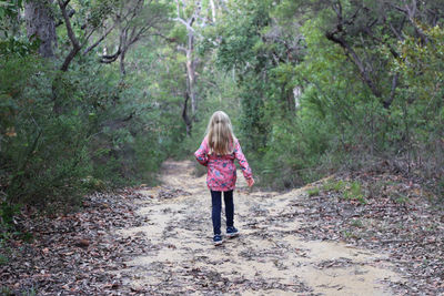 Rear view of woman walking in forest