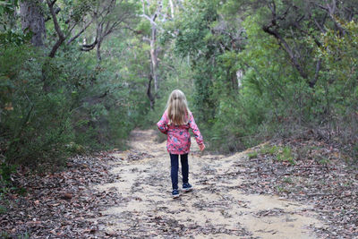 Rear view of girl walking amidst trees in forest