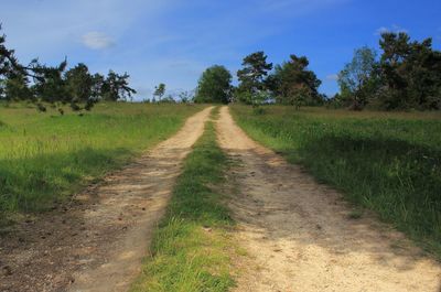 Dirt road amidst field against sky