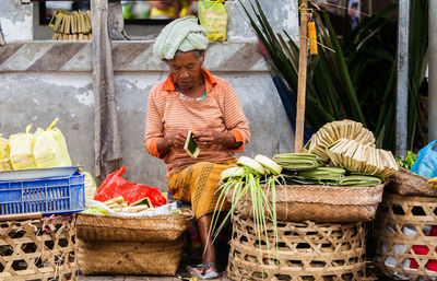 Full frame shot of wicker basket for sale at market stall