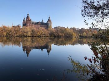Reflection of trees and buildings in lake