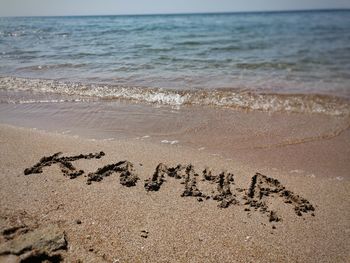 High angle view of text on beach