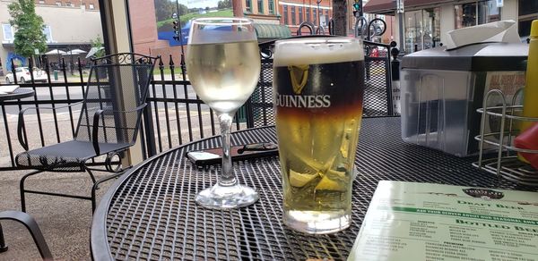 Close-up of beer glass on table at restaurant