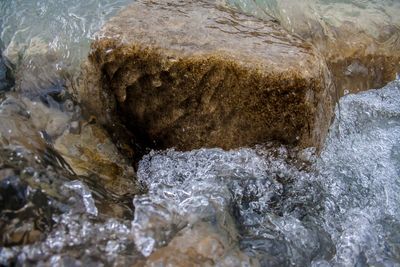 High angle view of water flowing through rocks