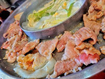 High angle view of meat in plate on table