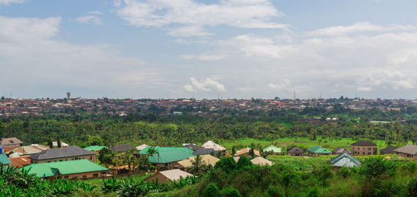 High angle view of townscape against sky