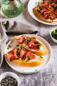 High angle view of food in plate on table