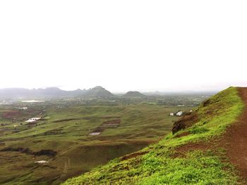 Scenic view of agricultural field against clear sky