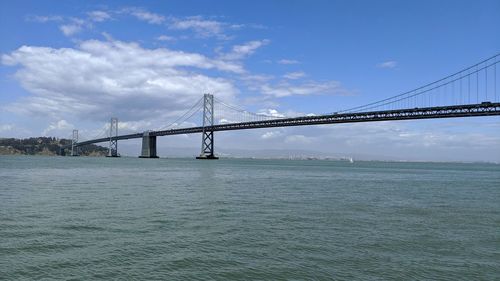 View of suspension bridge against cloudy sky