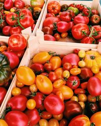 High angle view of tomatoes in containers at market for sale