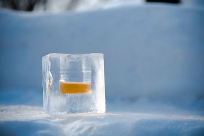 Close-up of drink in ice cube during winter