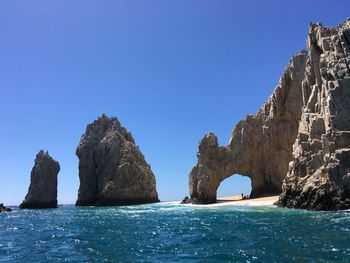 Rock formations in sea against clear blue sky