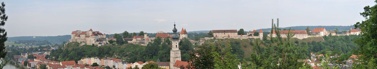 Panoramic view of buildings in town against sky