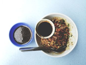 High angle view of tea in bowl on table