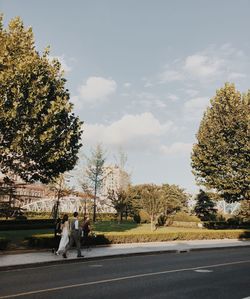 People on road by trees against sky in city