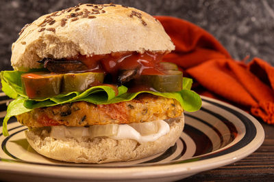 Close-up of burger on table