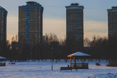 Lifeguard hut in city during winter