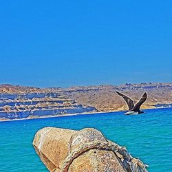 View of calm sea against clear blue sky