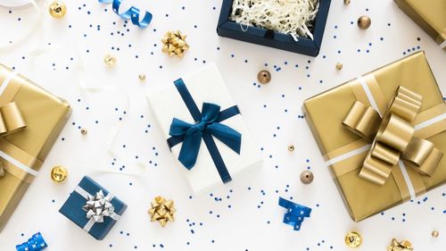 High angle view of christmas decorations on table
