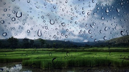 Water drops on glass window during rainy season