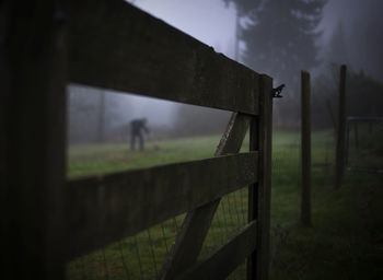 Wooden fence on grassy field during foggy weather