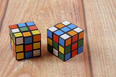 High angle view of multi colored toy on table