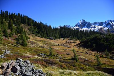 Scenic view of mountains against clear blue sky