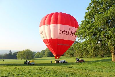 Hot air balloons on field against clear sky