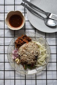 Directly above shot of food in bowl on table