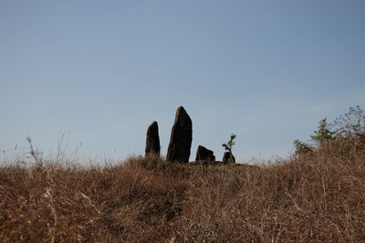 Standing sacred stone monoliths with bright blue sky and grass from a different perspective