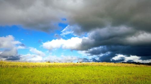 Scenic view of field against cloudy sky