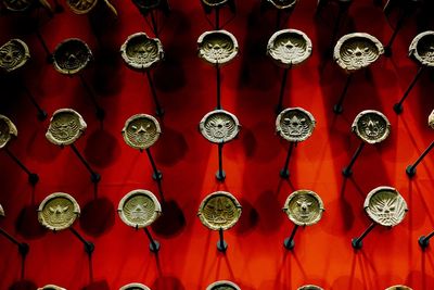 Low angle view of red lanterns hanging