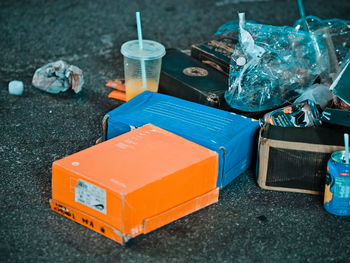 High angle view of plastic box on table