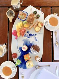 High angle view of breakfast on table