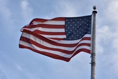 Low angle view of flag against sky