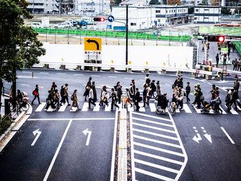 High angle view of crowd on city street