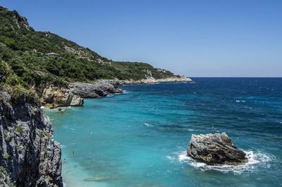 Scenic view of sea against clear blue sky