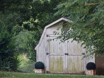 House on field against trees