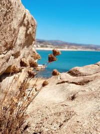 Rock formation on beach against clear blue sky