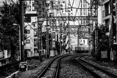Railroad tracks amidst buildings in city