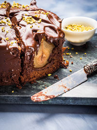 Close-up of cake in plate on table