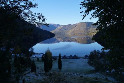 Scenic view of lake and mountains against sky