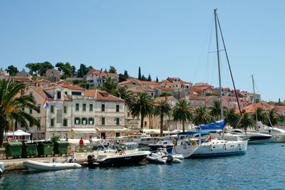 Boats in harbor with buildings in background