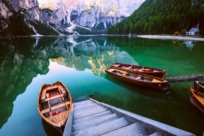 High angle view of boats moored in lake