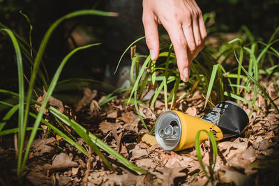 Environment concept, girl's hand reaches for a metal can of soda lying in the forest.