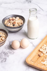 High angle view of breakfast on table